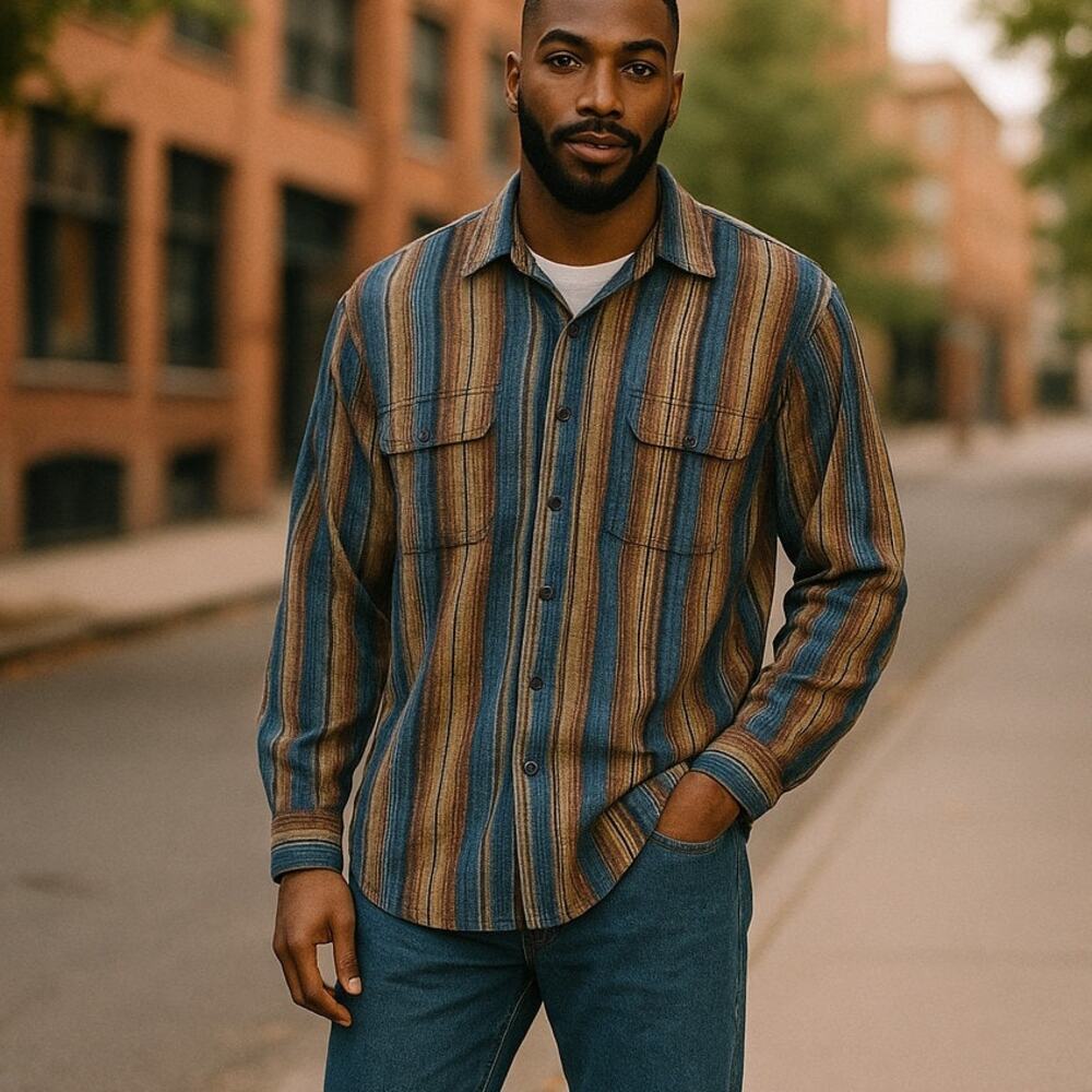 Sierra Pacific 100% Cotton Earthy Stripes Woven Long Sleeve Shirt - Size XL
